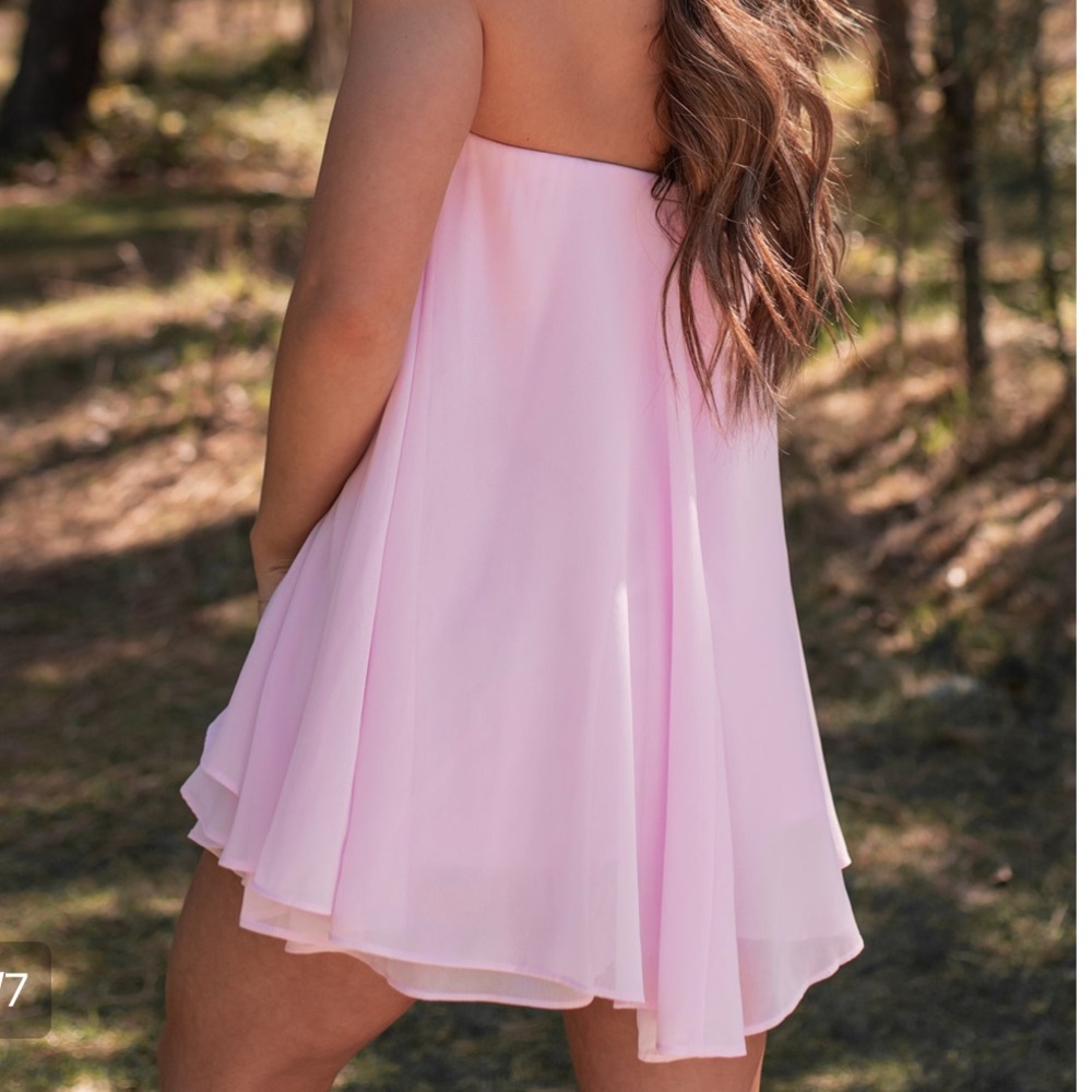 Strapless Pink Layered Chiffon Mini Dress - Picture 3 of 5